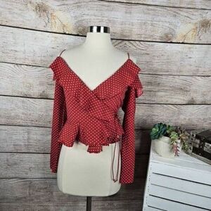Favlux Women's Long‎ Sleeves Ruffle Wrap Red White Polka Dot Size Medium